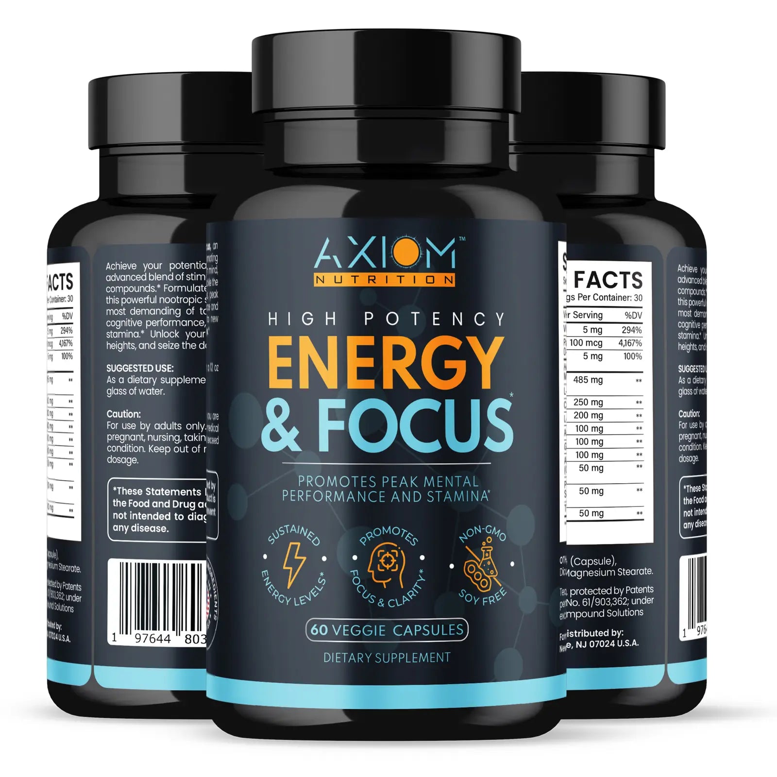 Three bottles of Axiom Nutrition Energy & Focus representing the 90-serving best-value supply